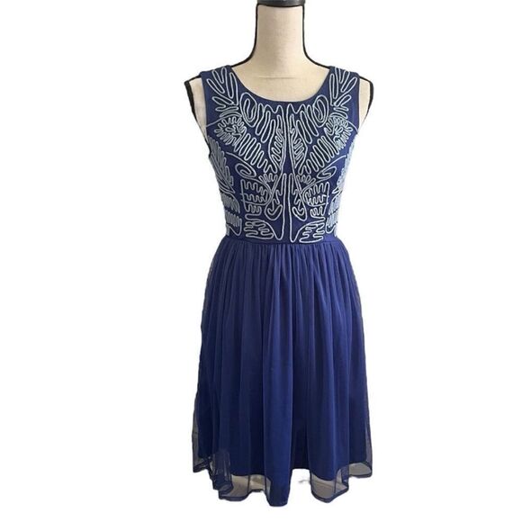 Modcloth Blue Sleeveless Knee Length Retro Sundress Scoop Neck sz XS Graduation - Picture 1 of 11